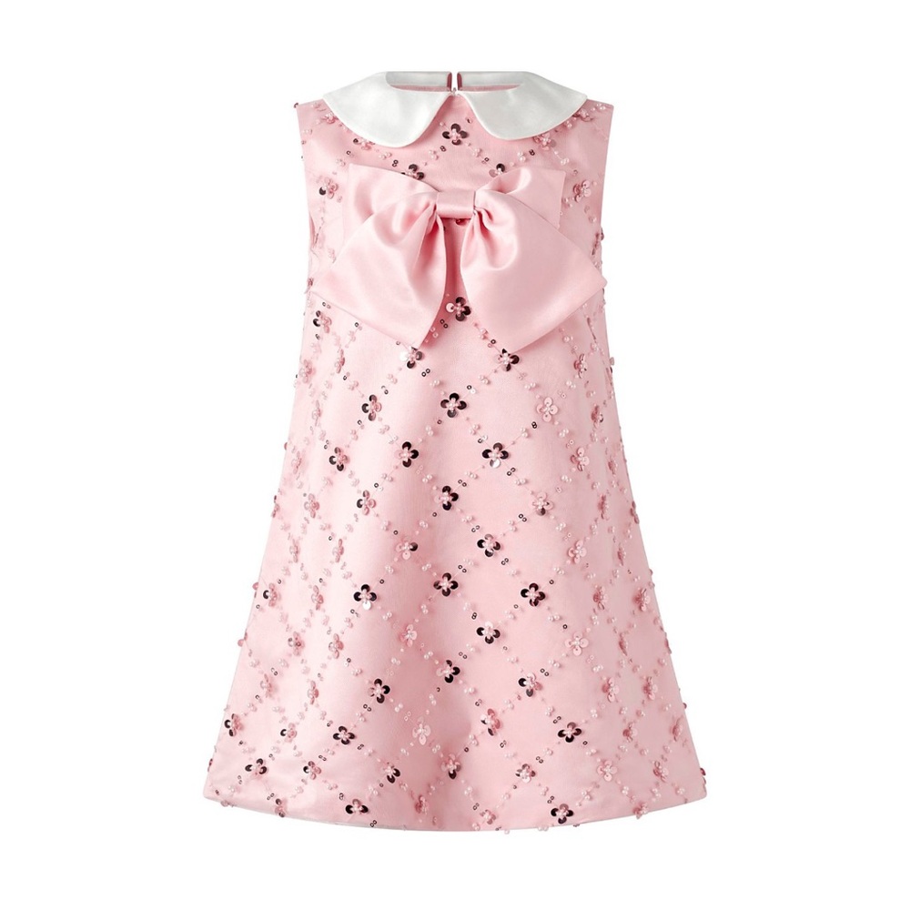 Rachel Riley Pink Sequin Peter Pan Collar Party Dress with Bow